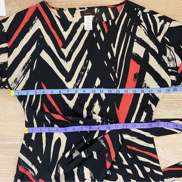 Mark. Faux Wrap Tie Waist Black and Tan  Midi Dres. Abstract Pattern, Modest. - Picture 5 of 8